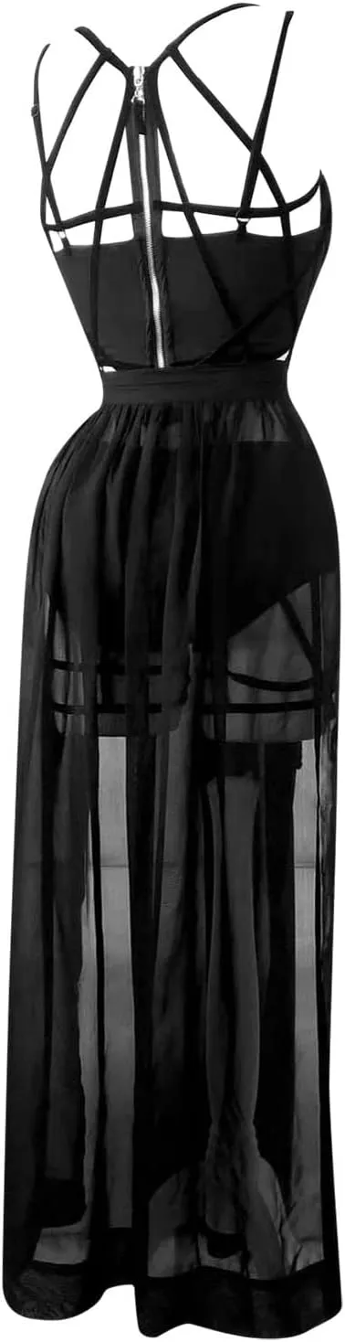 Women Gothic Lingerie Lace Babydoll 3 PC Sheer Mesh Long Dresses Front Criss-Cross Crop Top and Skirt Lingerie