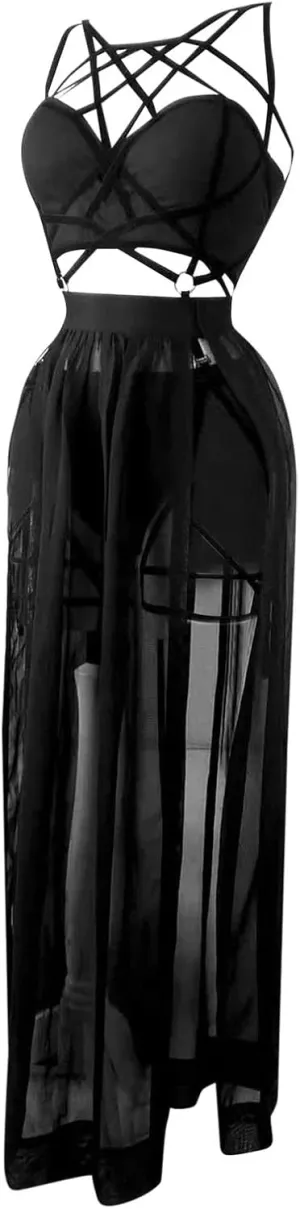 Women Gothic Lingerie Lace Babydoll 3 PC Sheer Mesh Long Dresses Front Criss-Cross Crop Top and Skirt Lingerie