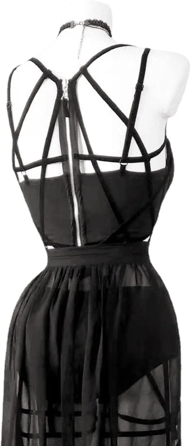 Women Gothic Lingerie Lace Babydoll 3 PC Sheer Mesh Long Dresses Front Criss-Cross Crop Top and Skirt Lingerie