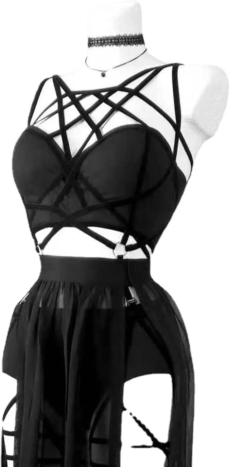 Women Gothic Lingerie Lace Babydoll 3 PC Sheer Mesh Long Dresses Front Criss-Cross Crop Top and Skirt Lingerie