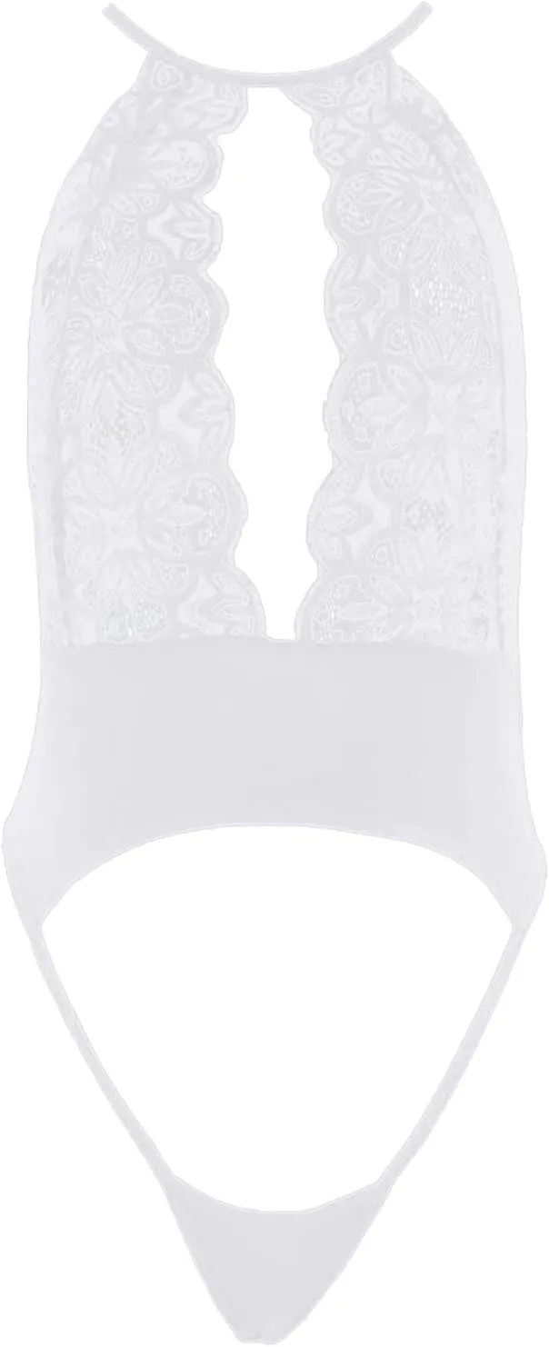 Women Lingerie Lace One Piece Set Nightwear Deep V Teddy Sleepwear See Through Three Points Style Cutout Nightwear