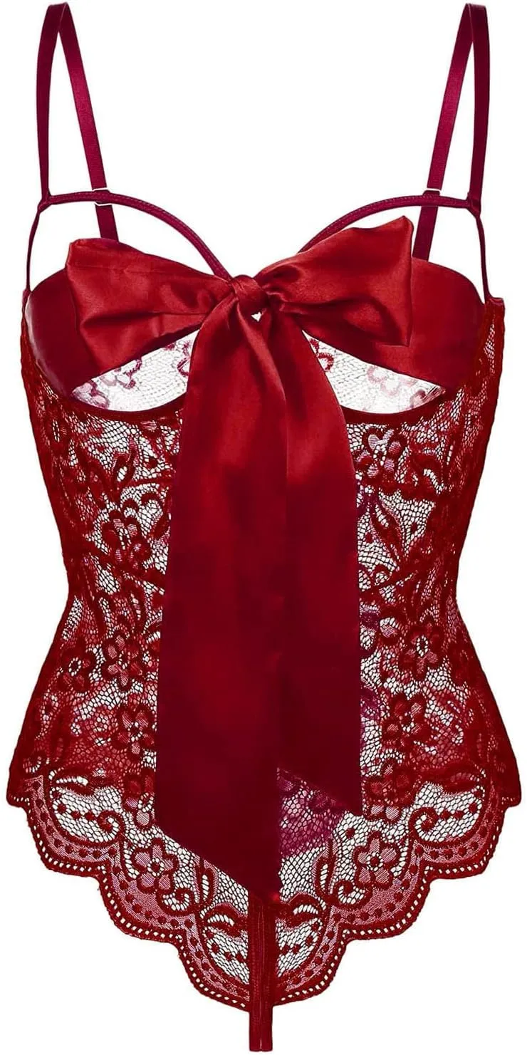 Women Sexy Satin Lingerie Unwrap Me Babydoll Red Big Bow Teddy Christmas Cosplay Costume Club Playsuit