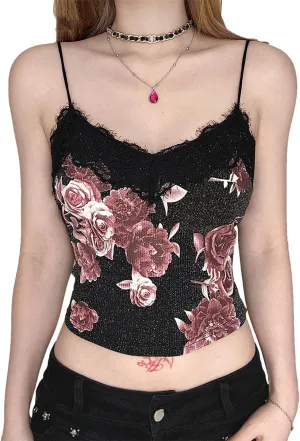 Women Sexy Slim Lace Trim Camis Top Holiday Dark Slash Neck Sleeveless Tank Tops