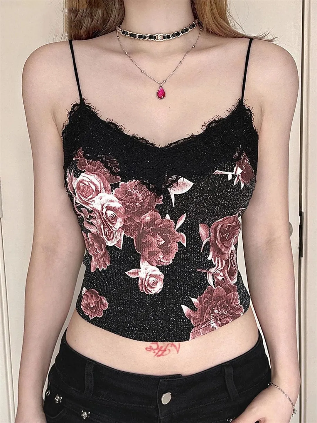Women Sexy Slim Lace Trim Camis Top Holiday Dark Slash Neck Sleeveless Tank Tops