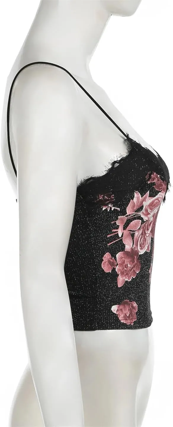 Women Sexy Slim Lace Trim Camis Top Holiday Dark Slash Neck Sleeveless Tank Tops