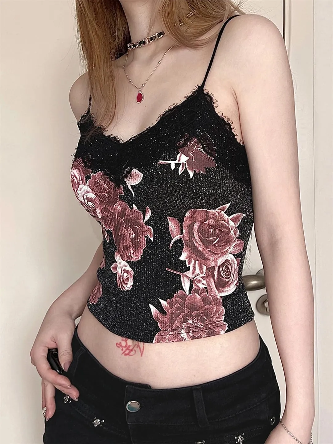 Women Sexy Slim Lace Trim Camis Top Holiday Dark Slash Neck Sleeveless Tank Tops