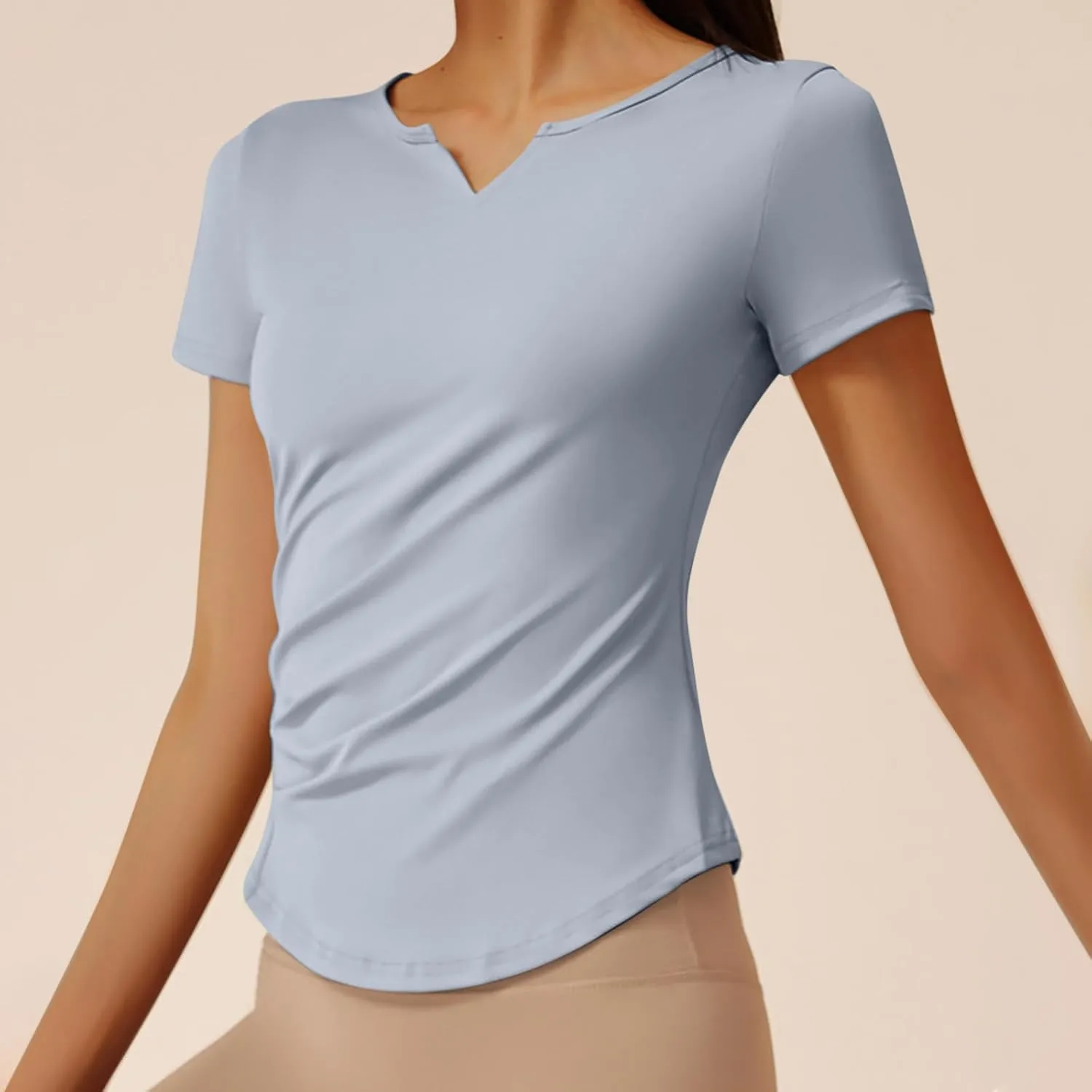 Women Short Sleeve Workout Shirts Ruched Slim Fitted V-Neck Yoga Tops Casual Athletic Gym Quick Dry Running Tees