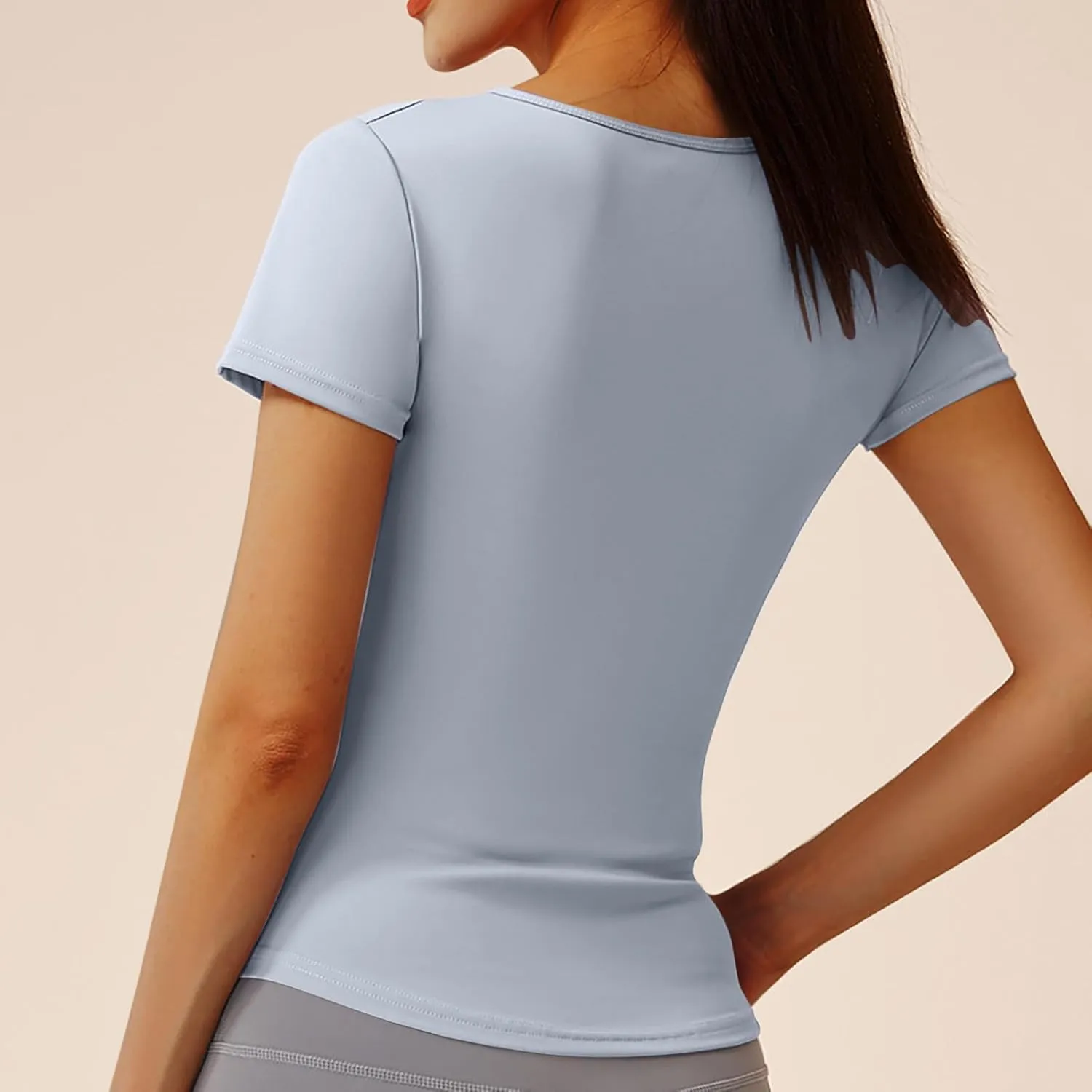 Women Short Sleeve Workout Shirts Ruched Slim Fitted V-Neck Yoga Tops Casual Athletic Gym Quick Dry Running Tees
