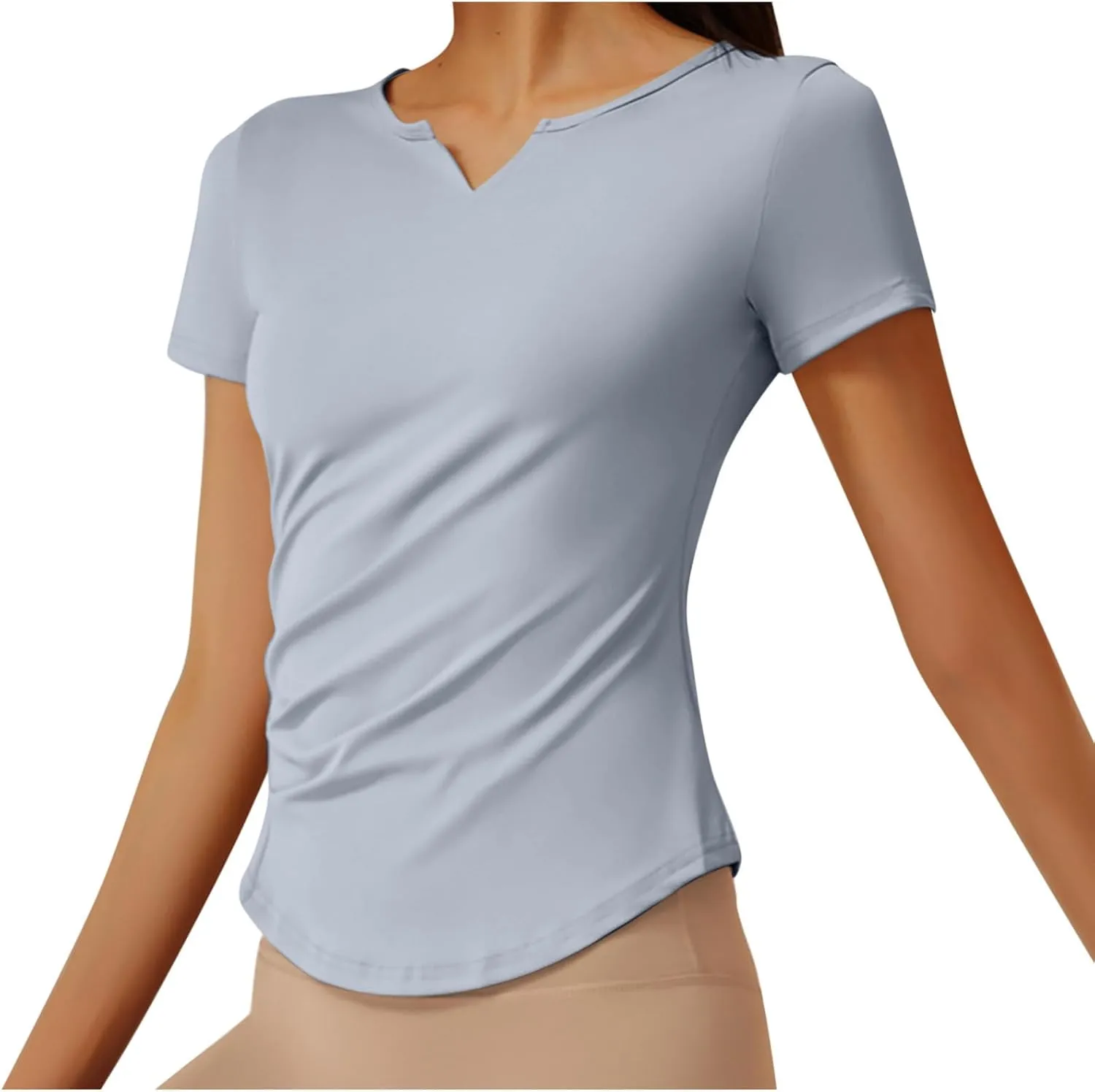 Women Short Sleeve Workout Shirts Ruched Slim Fitted V-Neck Yoga Tops Casual Athletic Gym Quick Dry Running Tees