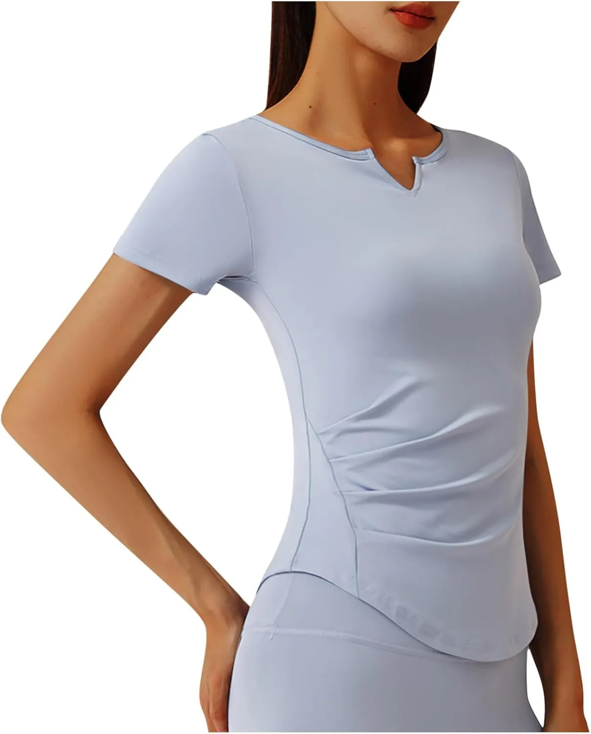 Women Short Sleeve Workout Shirts Ruched Slim Fitted V-Neck Yoga Tops Casual Athletic Gym Quick Dry Running Tees