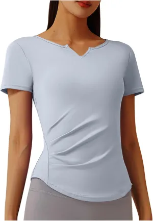 Women Short Sleeve Workout Shirts Ruched Slim Fitted V-Neck Yoga Tops Casual Athletic Gym Quick Dry Running Tees