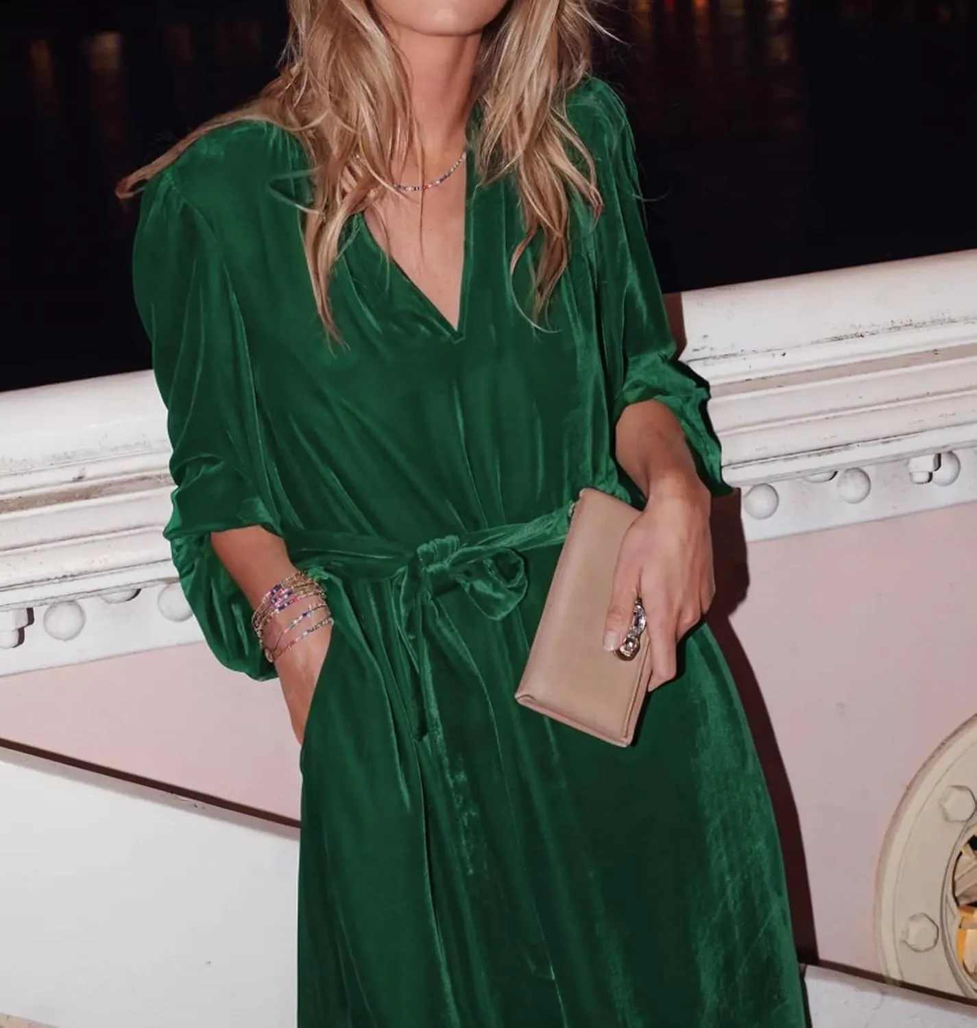 Women Velvet Midi Dress V Neck Lantern Sleeve Elegant Retro Formal Cocktail Evening Party Dress with Belt
