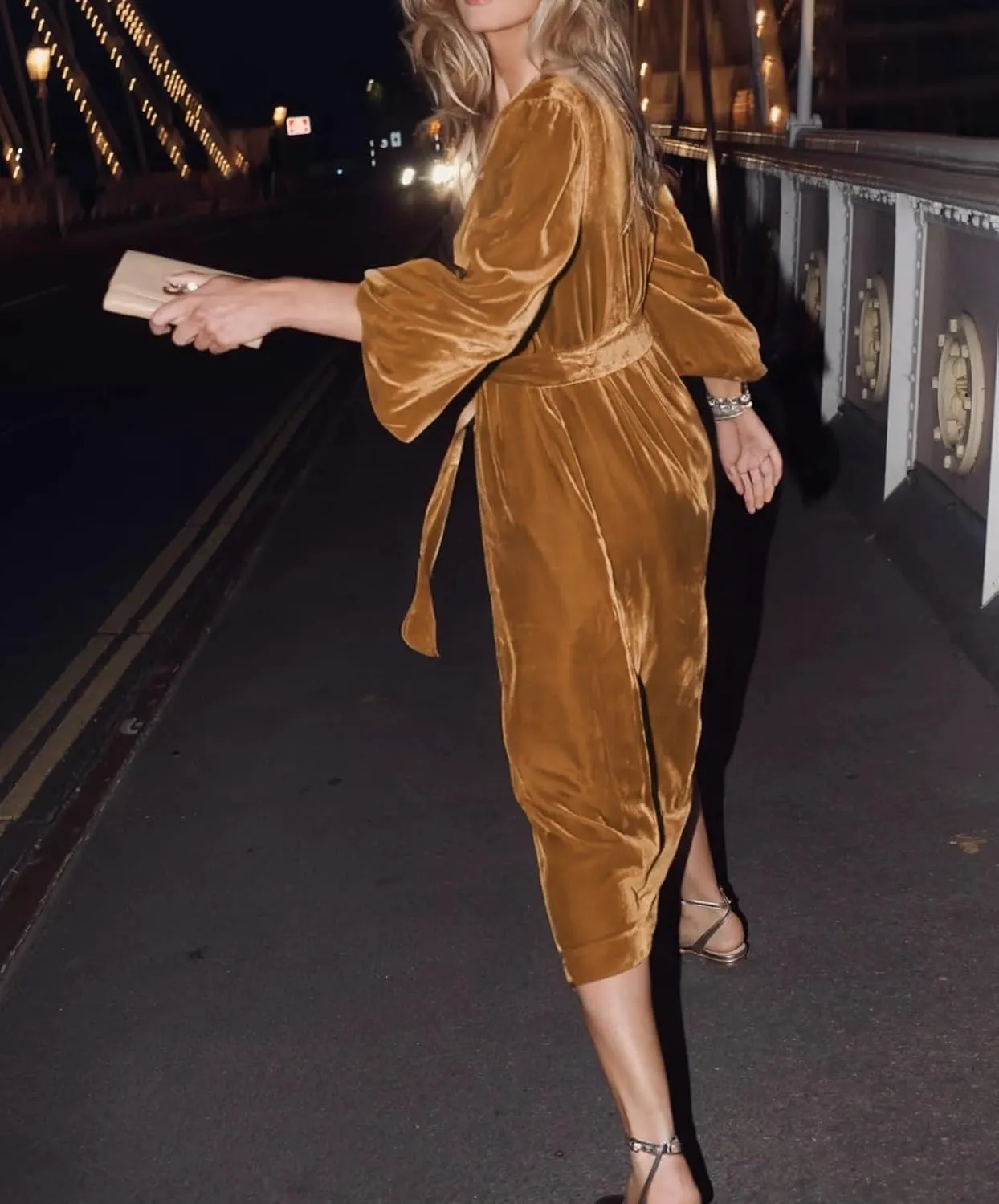 Women Velvet Midi Dress V Neck Lantern Sleeve Elegant Retro Formal Cocktail Evening Party Dress with Belt