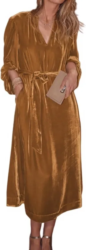 Women Velvet Midi Dress V Neck Lantern Sleeve Elegant Retro Formal Cocktail Evening Party Dress with Belt