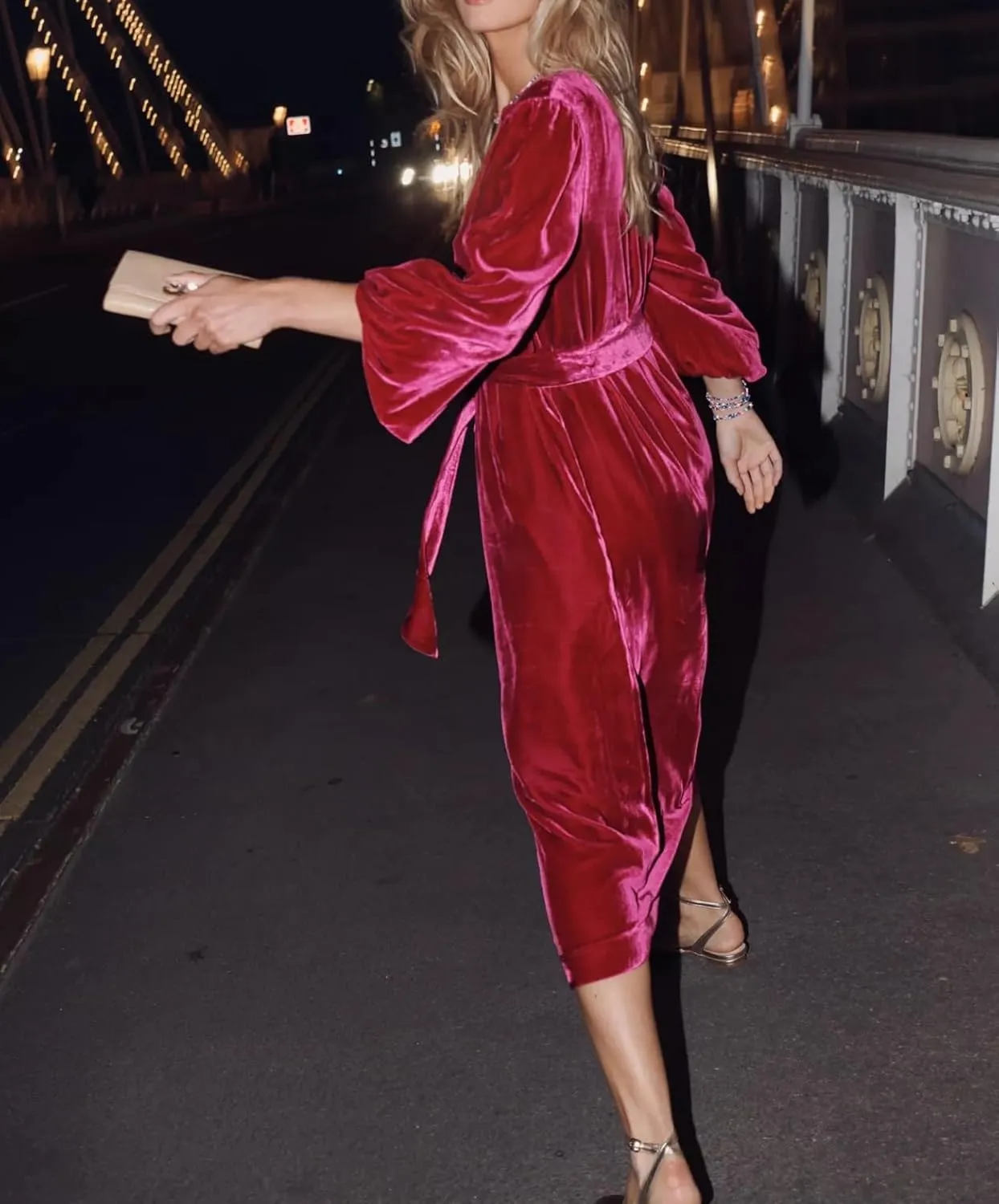 Women Velvet Midi Dress V Neck Lantern Sleeve Elegant Retro Formal Cocktail Evening Party Dress with Belt