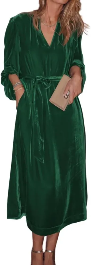 Women Velvet Midi Dress V Neck Lantern Sleeve Elegant Retro Formal Cocktail Evening Party Dress with Belt