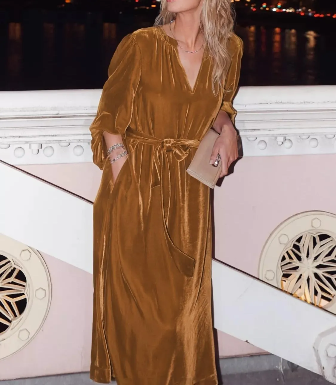 Women Velvet Midi Dress V Neck Lantern Sleeve Elegant Retro Formal Cocktail Evening Party Dress with Belt