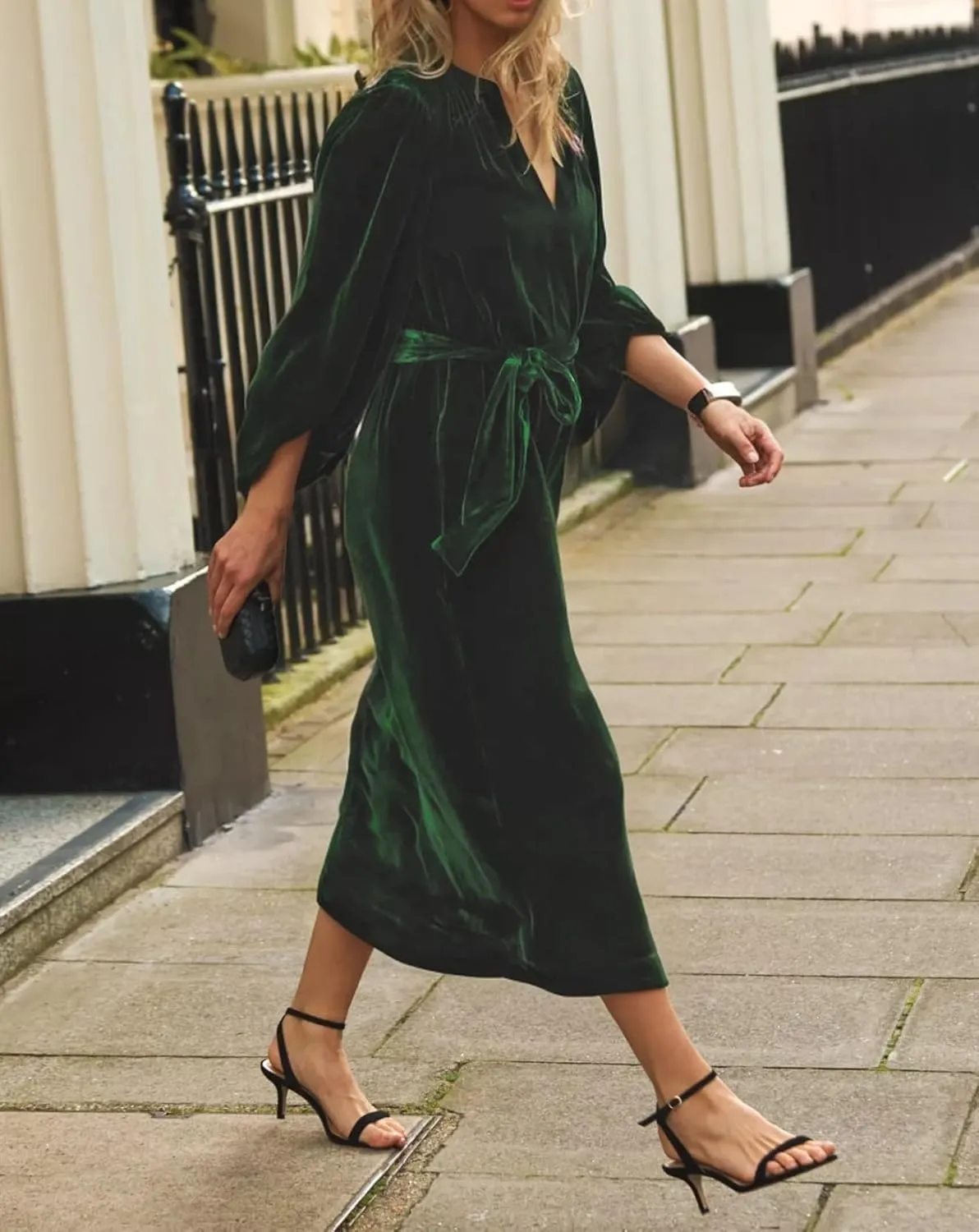 Women Velvet Midi Dress V Neck Lantern Sleeve Elegant Retro Formal Cocktail Evening Party Dress with Belt