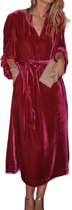 Women Velvet Midi Dress V Neck Lantern Sleeve Elegant Retro Formal Cocktail Evening Party Dress with Belt