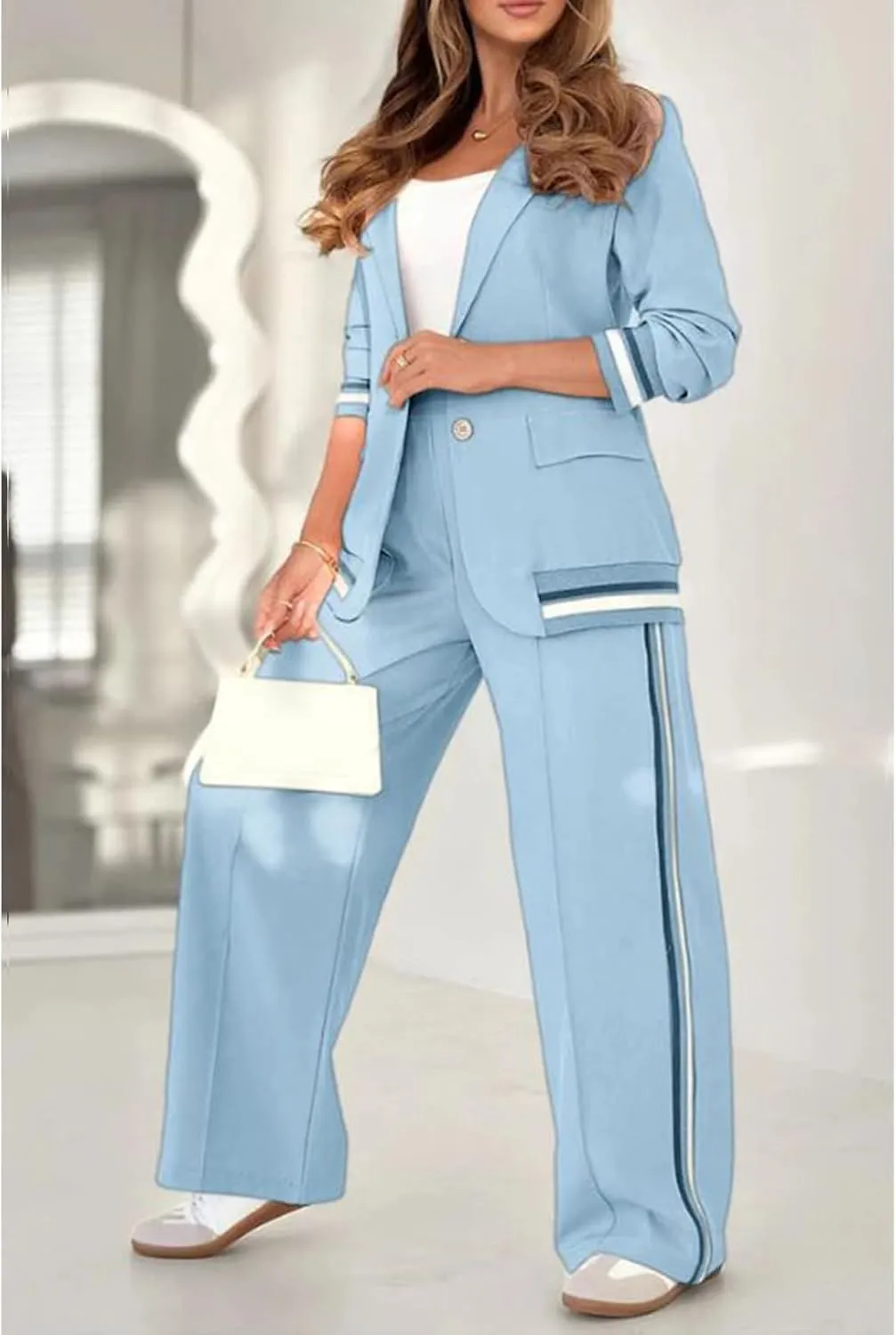 Womens 2 Piece Blazer Outfits Business Casual Oversized Jacket Wide Leg Work Pants Suits Spring Fall Dressy Ribbed Sets