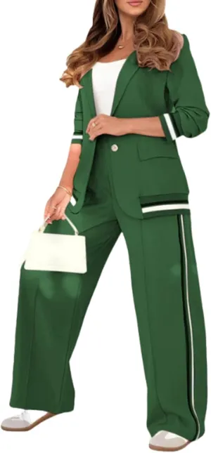 Womens 2 Piece Blazer Outfits Business Casual Oversized Jacket Wide Leg Work Pants Suits Spring Fall Dressy Ribbed Sets