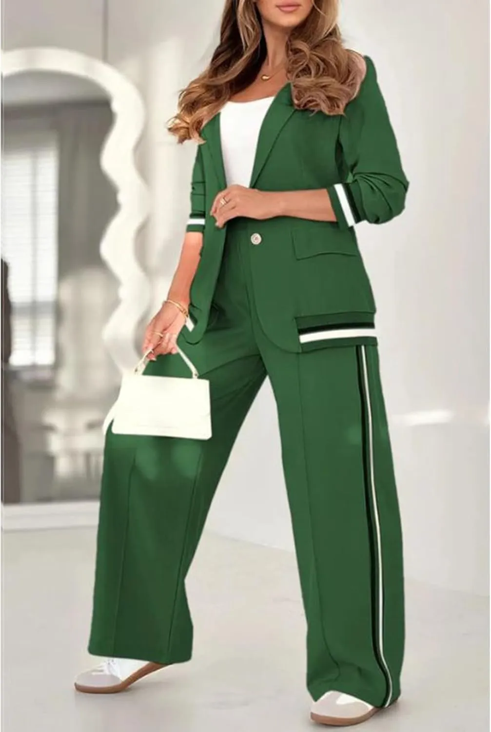 Womens 2 Piece Blazer Outfits Business Casual Oversized Jacket Wide Leg Work Pants Suits Spring Fall Dressy Ribbed Sets