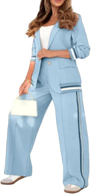 Womens 2 Piece Blazer Outfits Business Casual Oversized Jacket Wide Leg Work Pants Suits Spring Fall Dressy Ribbed Sets