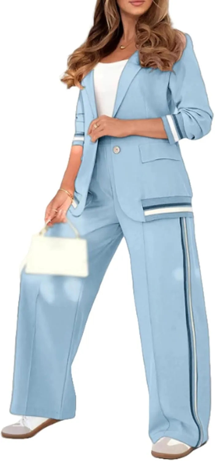 Womens 2 Piece Blazer Outfits Business Casual Oversized Jacket Wide Leg Work Pants Suits Spring Fall Dressy Ribbed Sets
