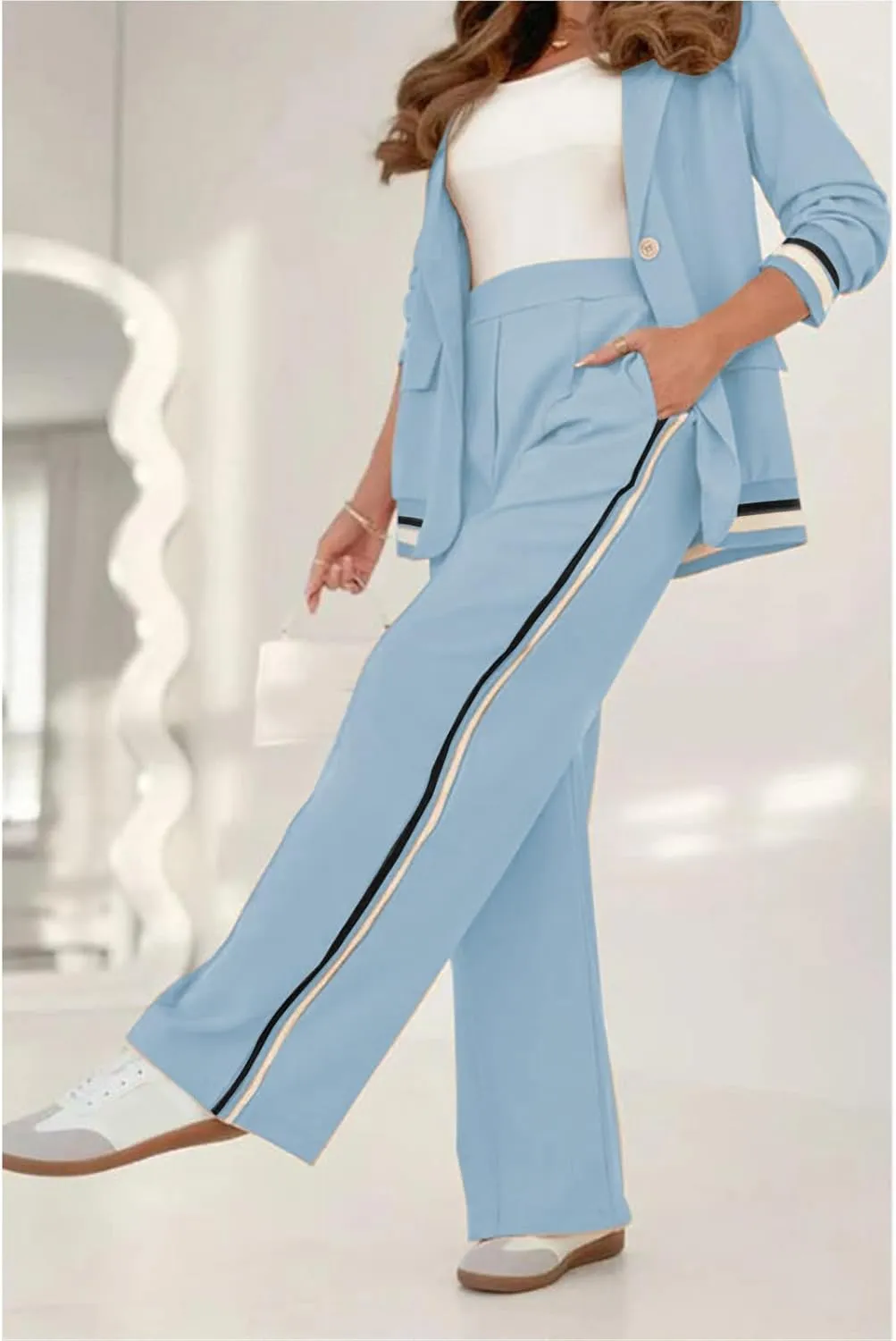 Womens 2 Piece Blazer Outfits Business Casual Oversized Jacket Wide Leg Work Pants Suits Spring Fall Dressy Ribbed Sets