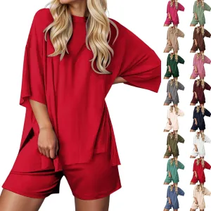 Womens 2 Piece Lounge Sets Solid Casual Outfits Oversized 3/4 Sleeve T Shirts and Shorts Lounge Sets for Women Summer