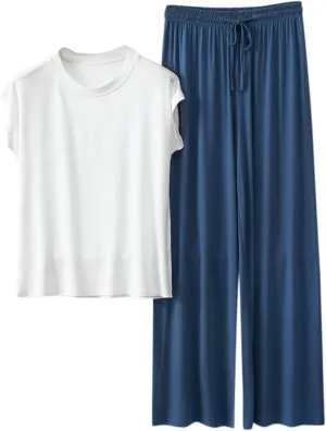 Womens 2 Piece Outfits 2025 Summer Casual Loose Modal Short Sleeve Tops & Wide Leg Pants Lounge Pajama Sets