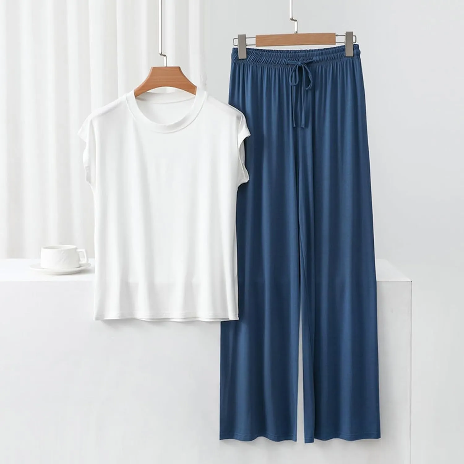 Womens 2 Piece Outfits 2025 Summer Casual Loose Modal Short Sleeve Tops & Wide Leg Pants Lounge Pajama Sets
