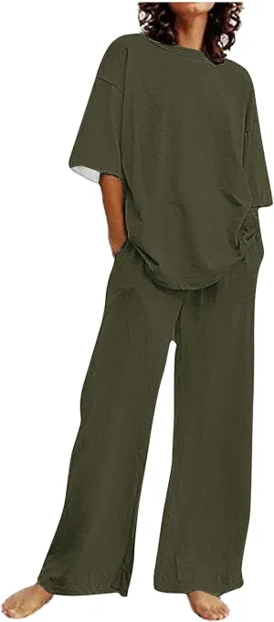 Women's 2 Piece Outfits Cotton Linen Sweatsuit Casual Short Sleeve Pullover Tops and Wide Leg Pants Lounge Sets 2025