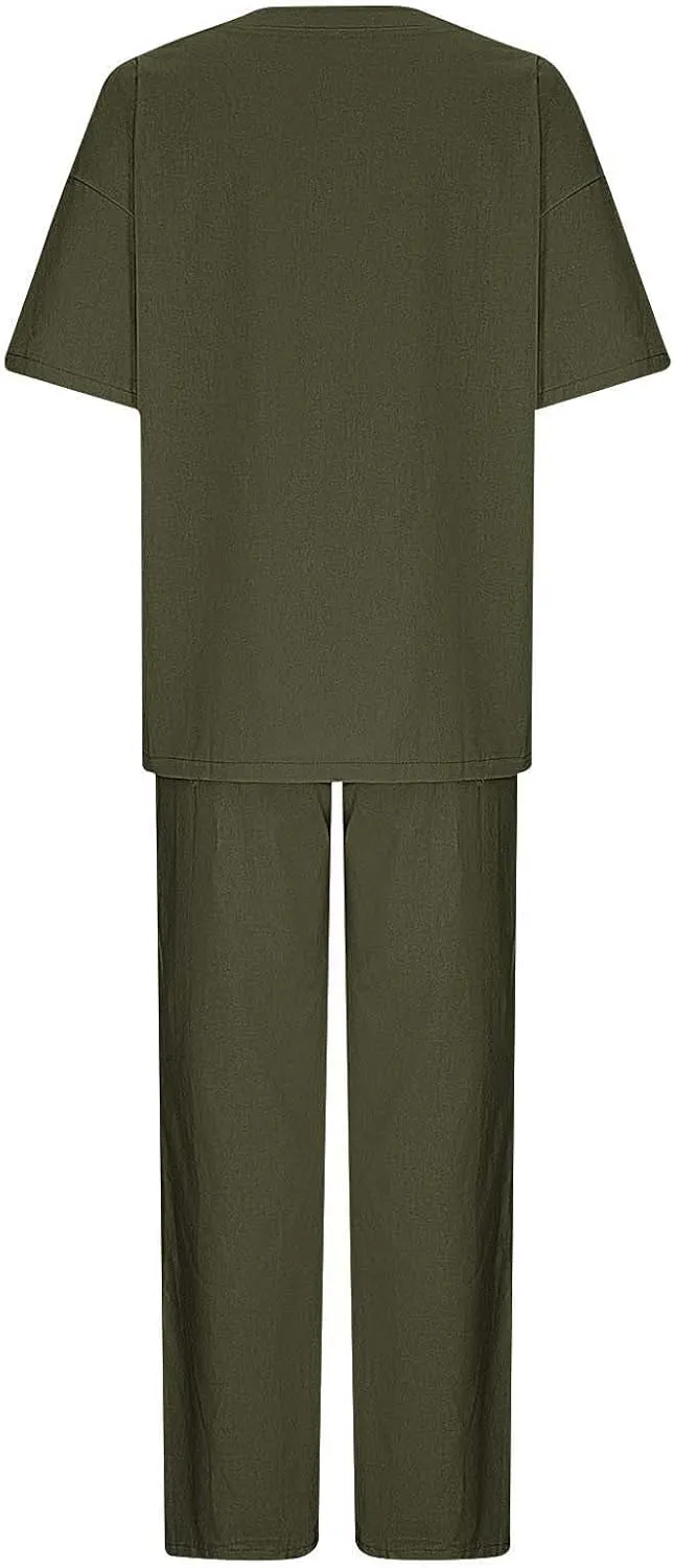 Women's 2 Piece Outfits Cotton Linen Sweatsuit Casual Short Sleeve Pullover Tops and Wide Leg Pants Lounge Sets 2025