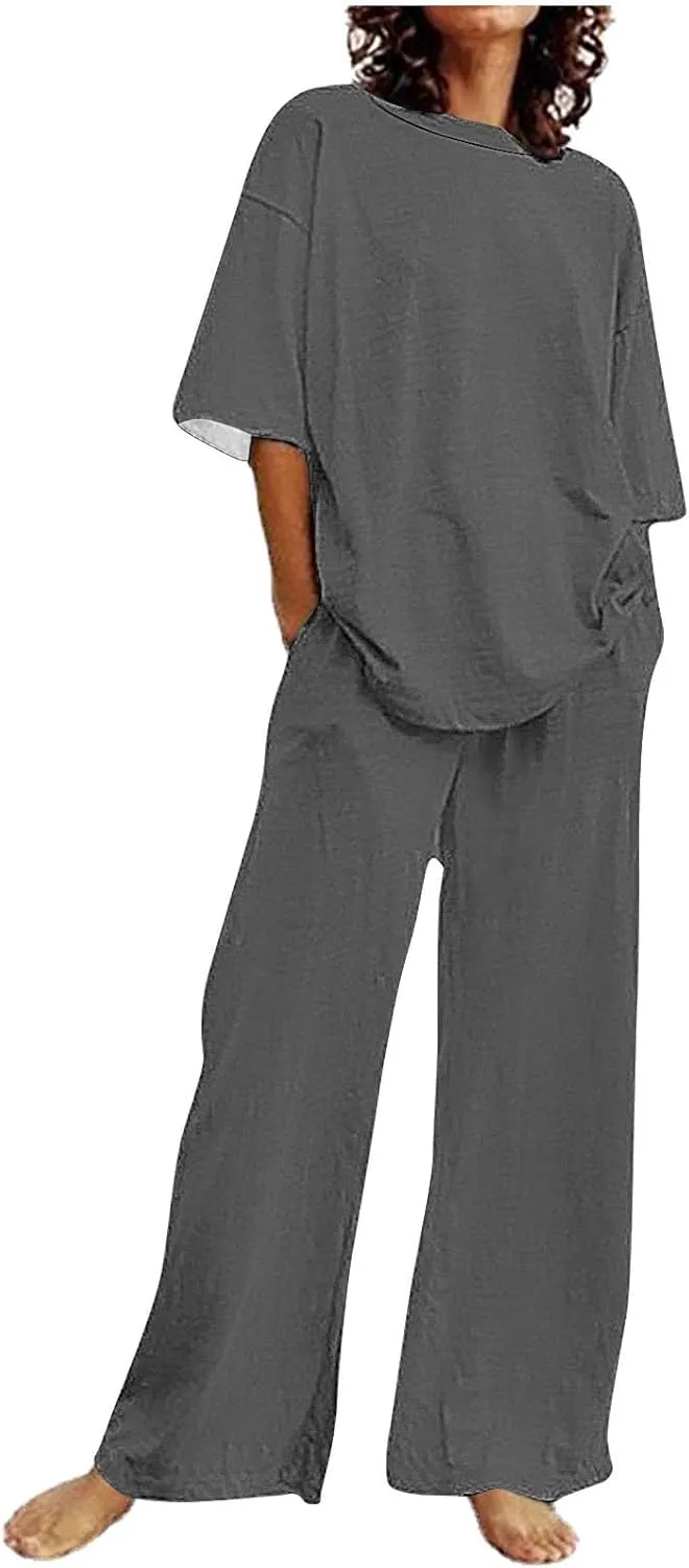Women's 2 Piece Outfits Cotton Linen Sweatsuit Casual Short Sleeve Pullover Tops and Wide Leg Pants Lounge Sets 2025