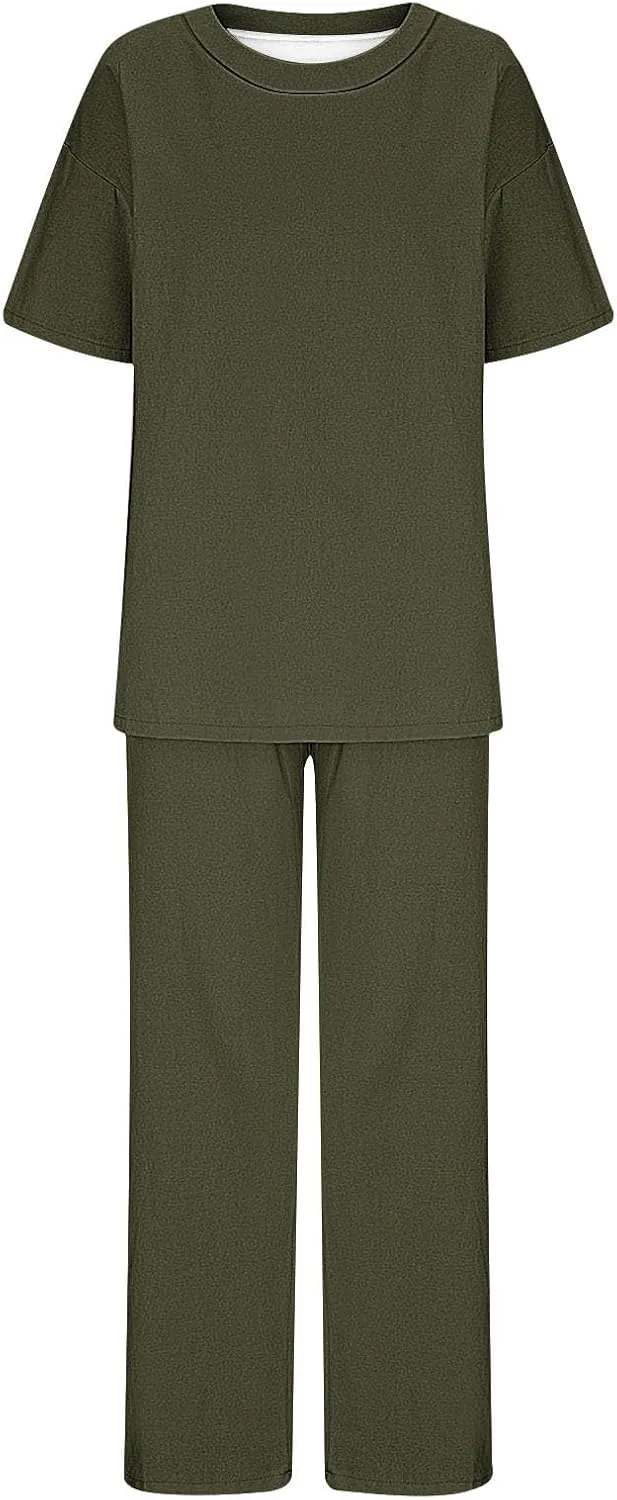 Women's 2 Piece Outfits Cotton Linen Sweatsuit Casual Short Sleeve Pullover Tops and Wide Leg Pants Lounge Sets 2025