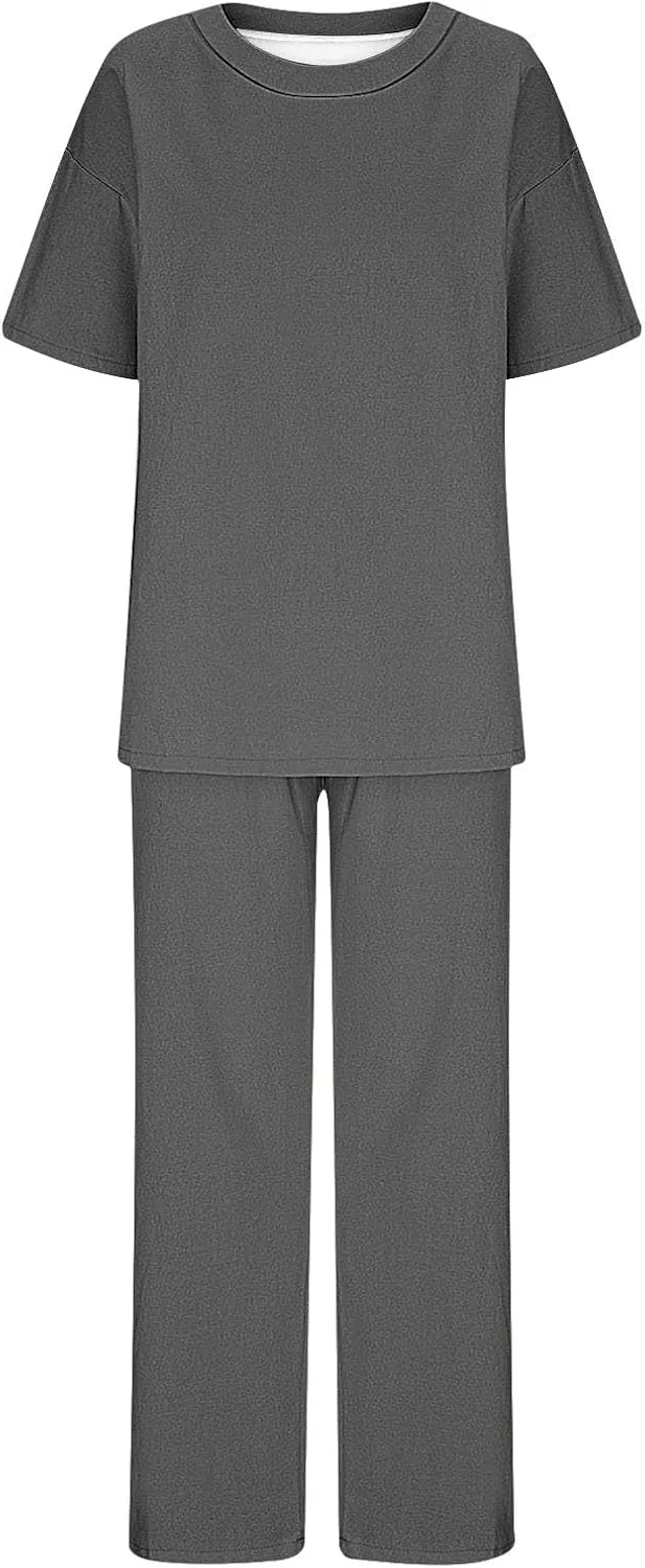 Women's 2 Piece Outfits Cotton Linen Sweatsuit Casual Short Sleeve Pullover Tops and Wide Leg Pants Lounge Sets 2025