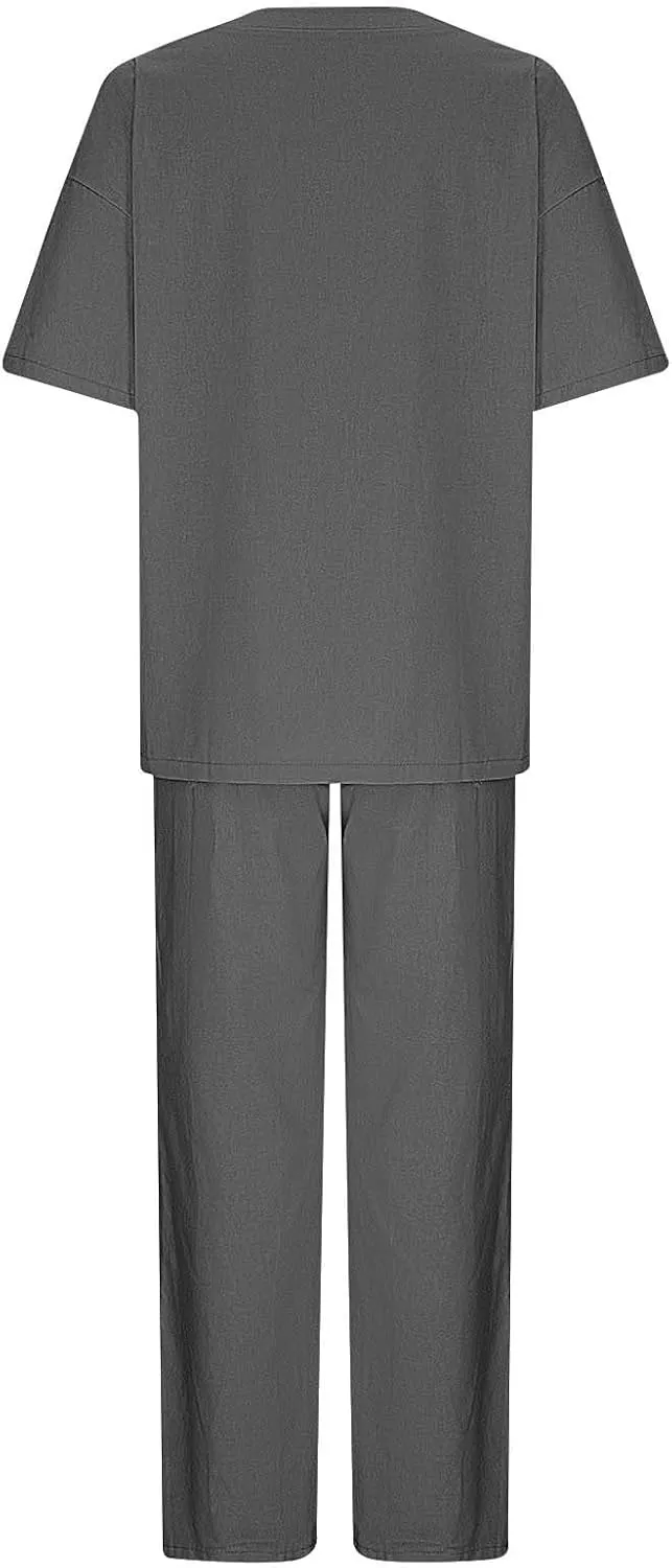 Women's 2 Piece Outfits Cotton Linen Sweatsuit Casual Short Sleeve Pullover Tops and Wide Leg Pants Lounge Sets 2025