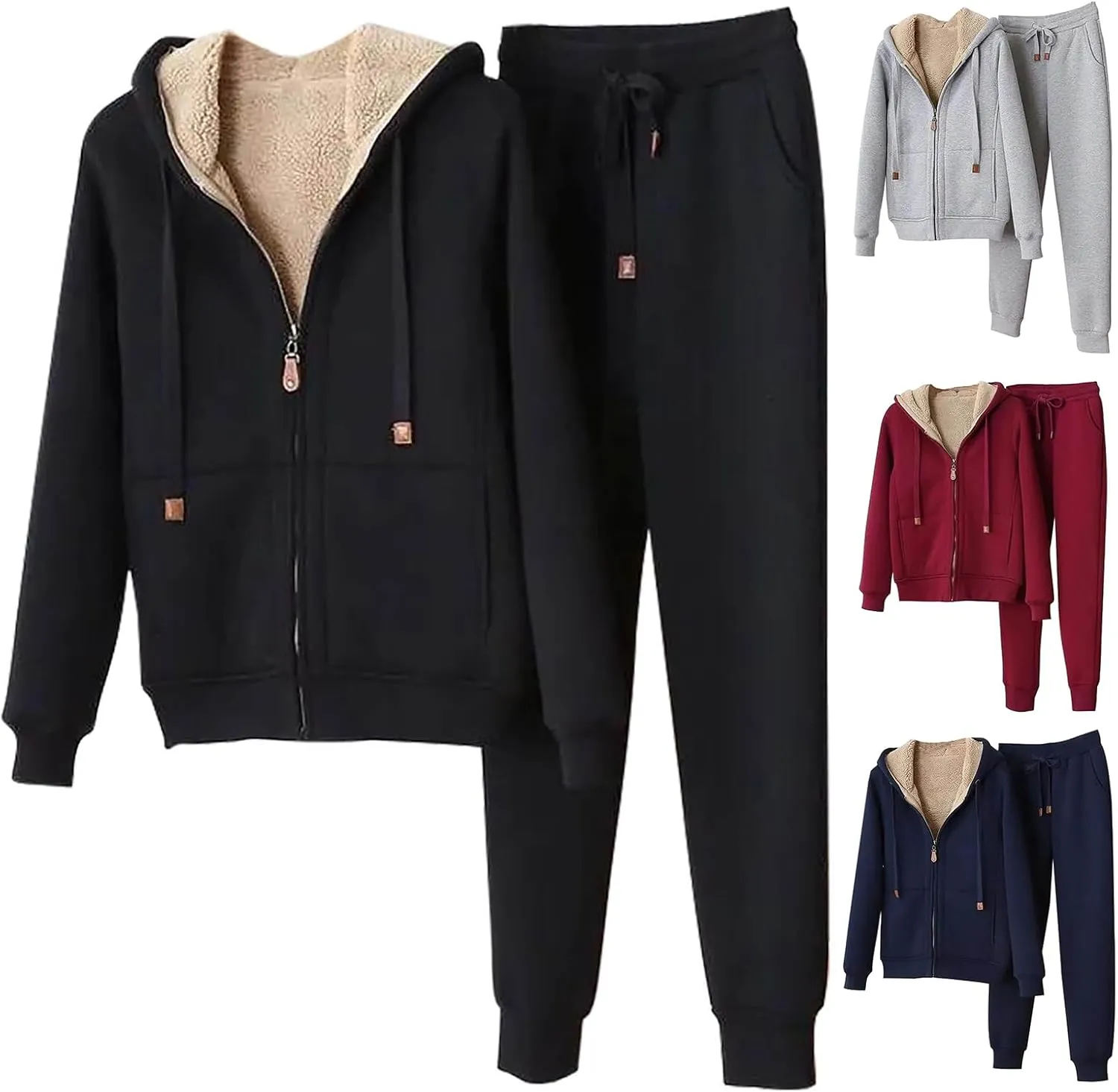 Womens 2 Piece Outfits Fleece Lined Sweatsuits Zip Up Sherpa Lined Hoodie Jacket Sweatpants Tracksuit Set with Pockets