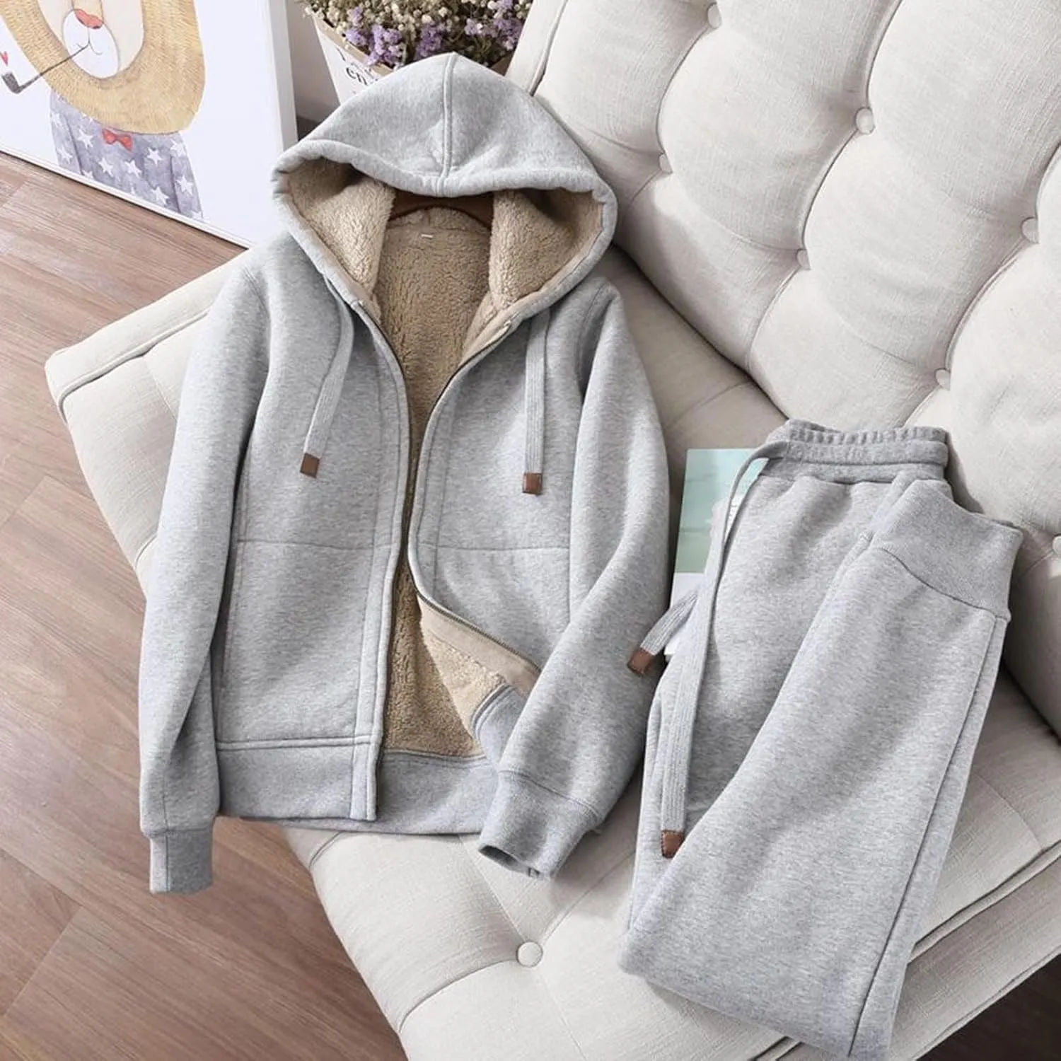 Womens 2 Piece Outfits Fleece Lined Sweatsuits Zip Up Sherpa Lined Hoodie Jacket Sweatpants Tracksuit Set with Pockets