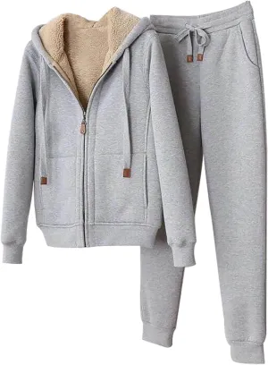 Womens 2 Piece Outfits Fleece Lined Sweatsuits Zip Up Sherpa Lined Hoodie Jacket Sweatpants Tracksuit Set with Pockets