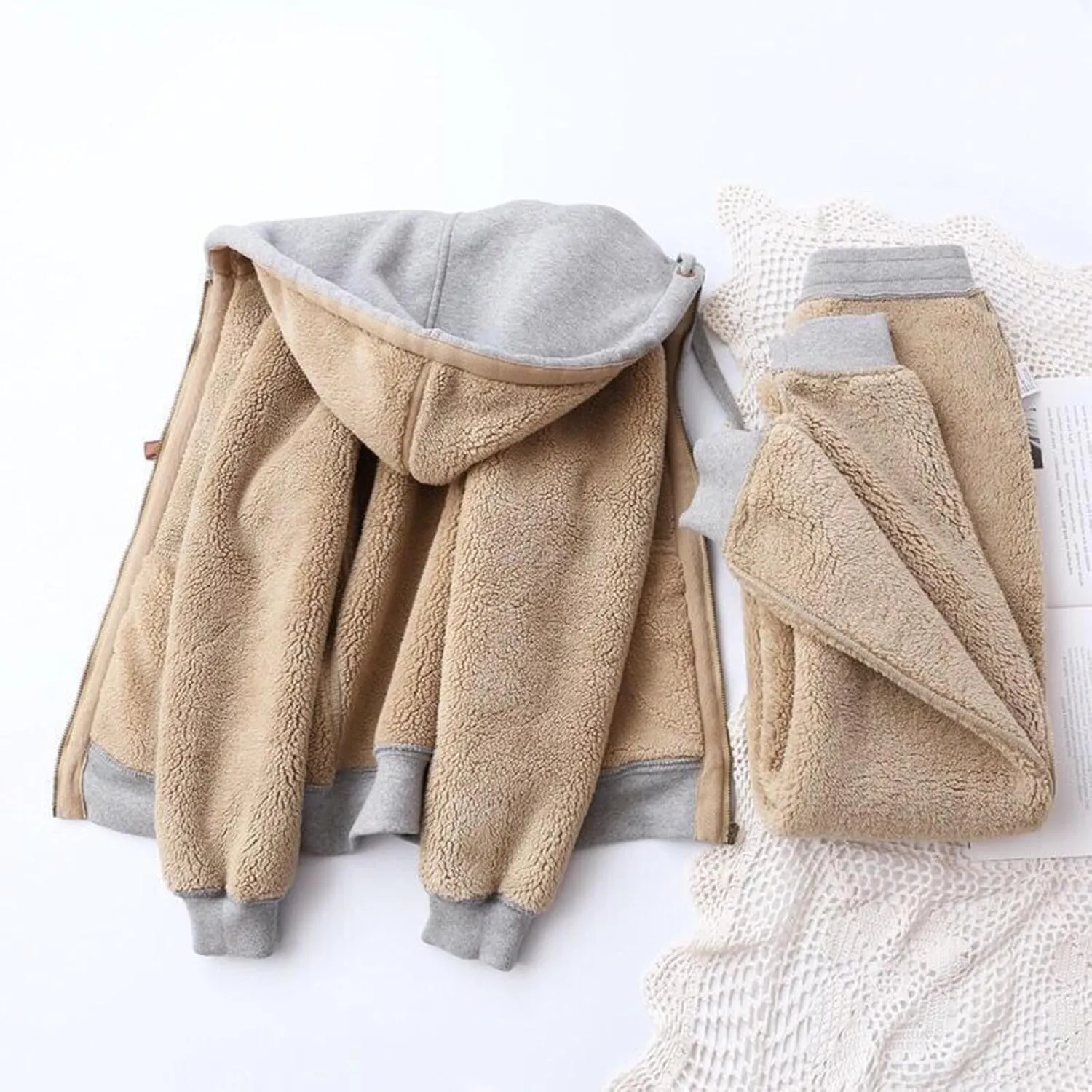 Womens 2 Piece Outfits Fleece Lined Sweatsuits Zip Up Sherpa Lined Hoodie Jacket Sweatpants Tracksuit Set with Pockets