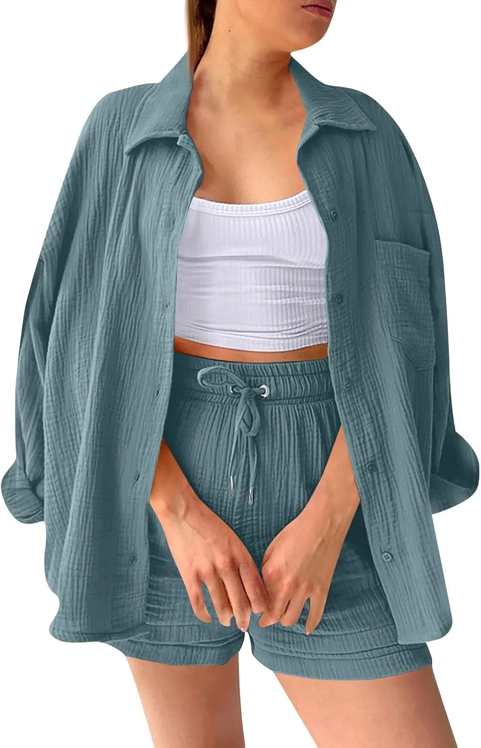 Women's 2 Piece Outfits Long Sleeve Button Down Shirts and Shorts Set Casual 2 Piece Sets Summer Oversized Tracksuit