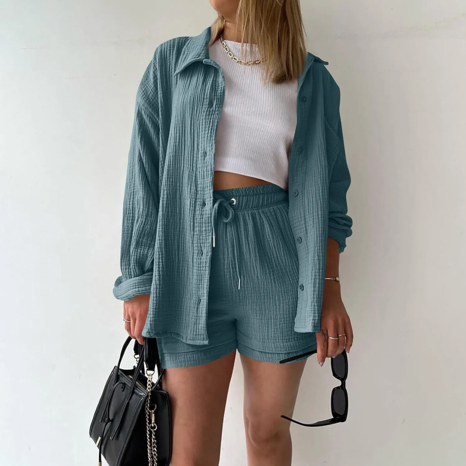Women's 2 Piece Outfits Long Sleeve Button Down Shirts and Shorts Set Casual 2 Piece Sets Summer Oversized Tracksuit