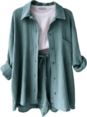 Women's 2 Piece Outfits Long Sleeve Button Down Shirts and Shorts Set Casual 2 Piece Sets Summer Oversized Tracksuit