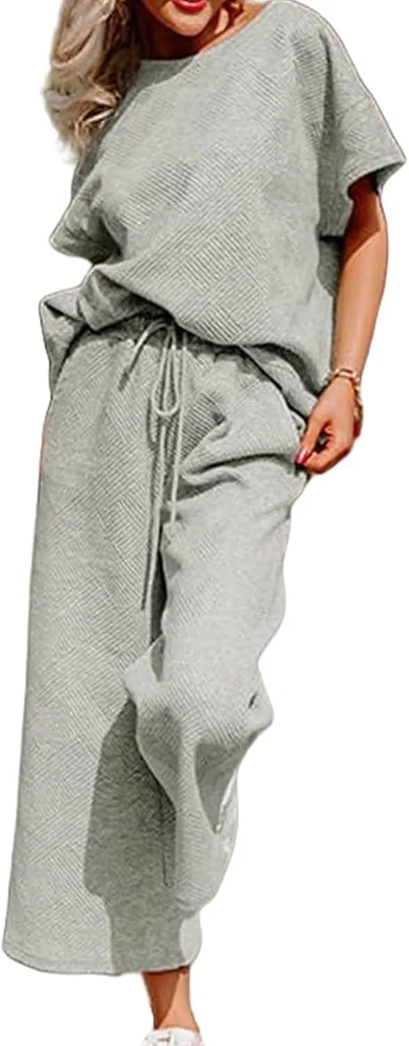 Womens 2 Piece Outfits Textured Short Sleeve Tops and Drawstring Wide Leg Pants Sets Loose Flowy Jogger Tracksuit