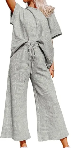 Womens 2 Piece Outfits Textured Short Sleeve Tops and Drawstring Wide Leg Pants Sets Loose Flowy Jogger Tracksuit