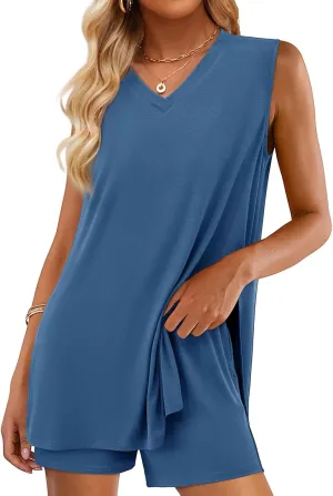 Womens 2 Piece Sets for Women Summer Plus Size Split Hem V Neck Tank Tops Shorts Outfit Casual Loose Plain Tracksuit