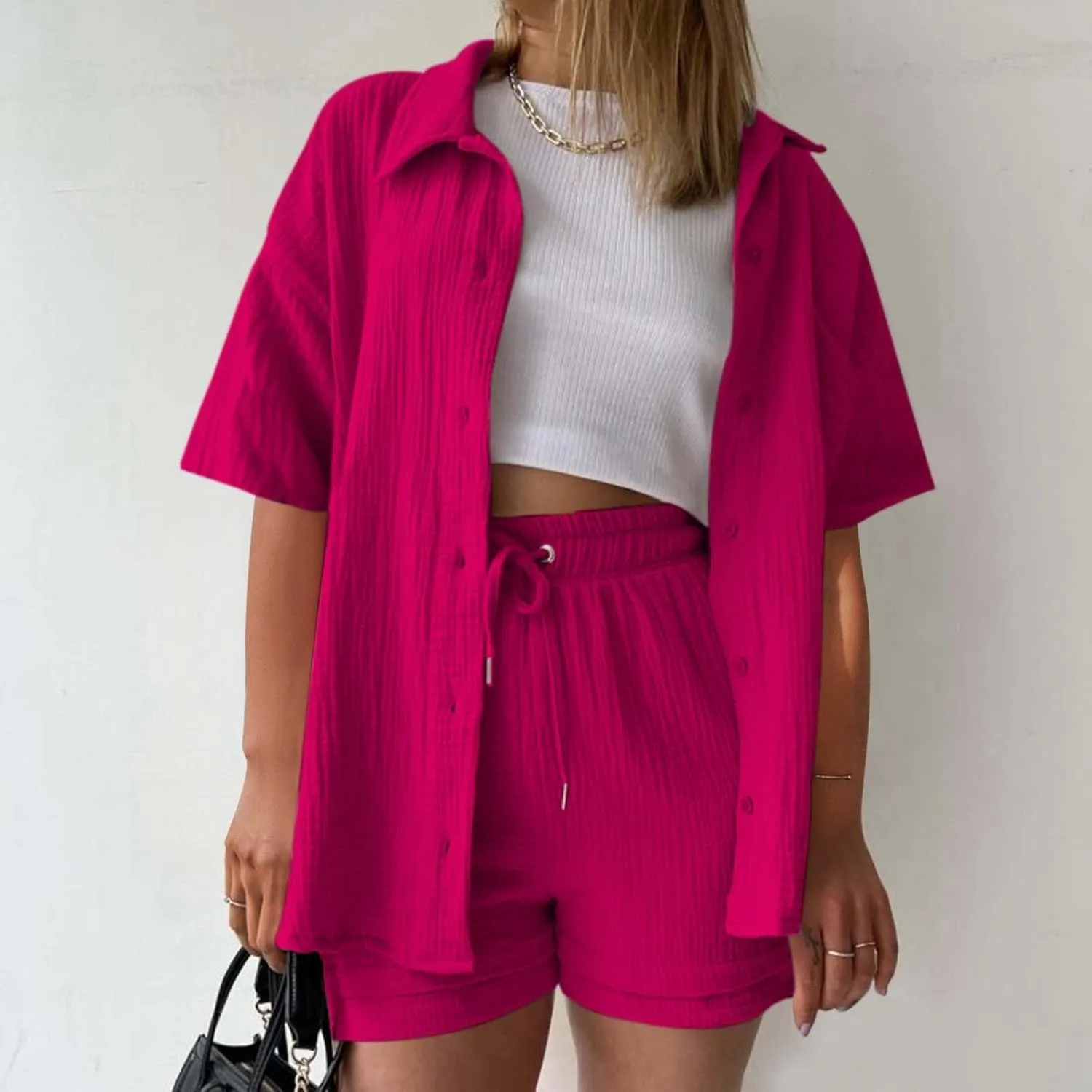 Women's 2 Piece Summer Outfits Button Down Shirt & Elastic Shorts Set Cotton Linen Beach Vacation Loungewear