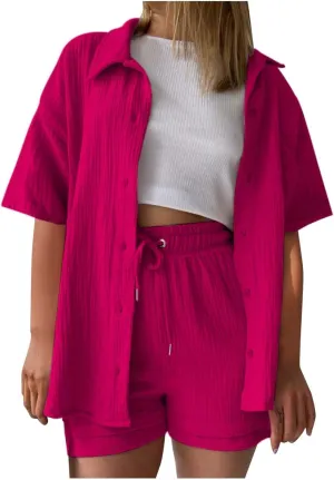 Women's 2 Piece Summer Outfits Button Down Shirt & Elastic Shorts Set Cotton Linen Beach Vacation Loungewear